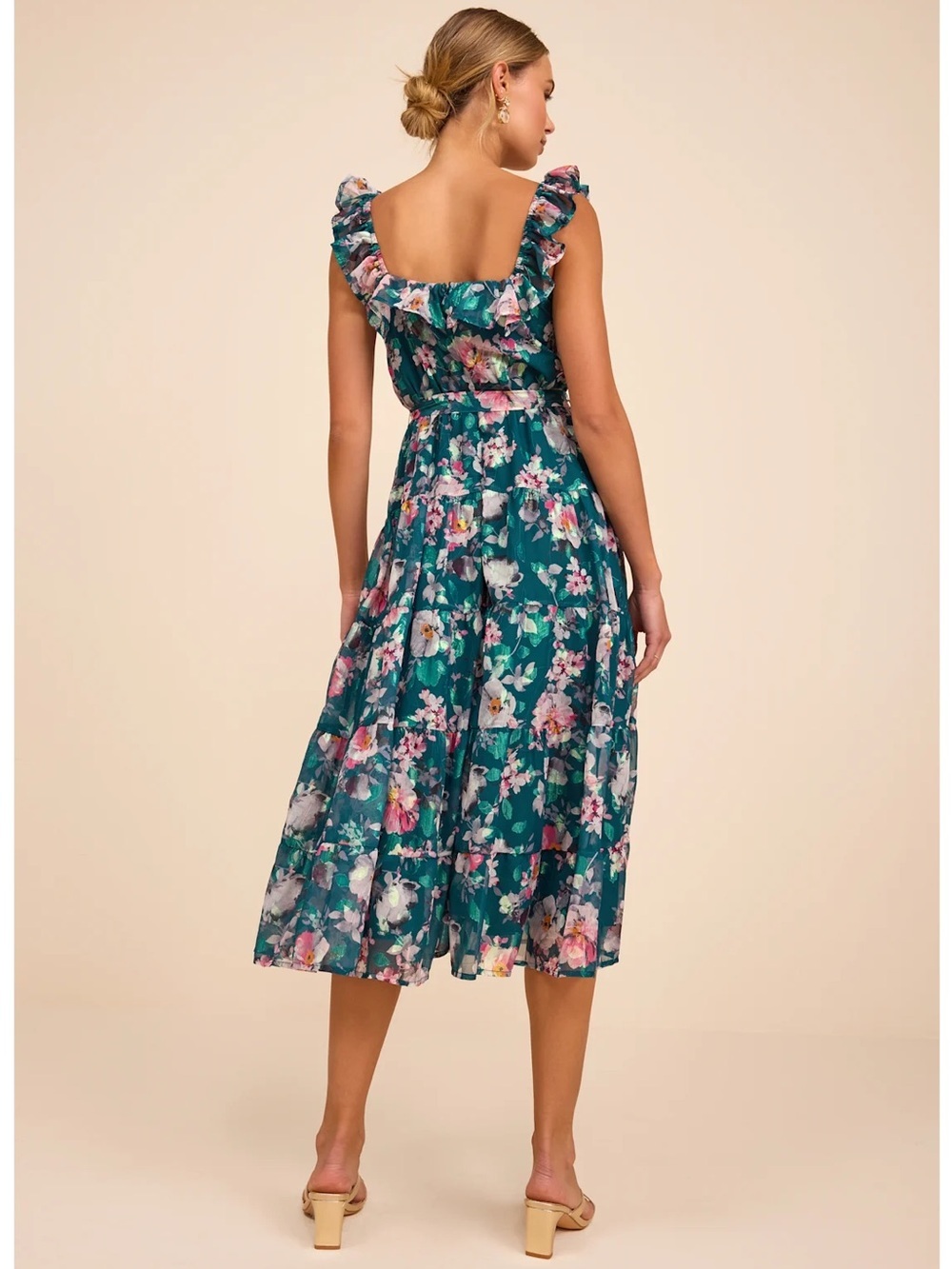 NWT Lulu’s Shela Teal Floral Jacquard Tiered Midi Dress XXL Romantic Gardengirl - Picture 4 of 13